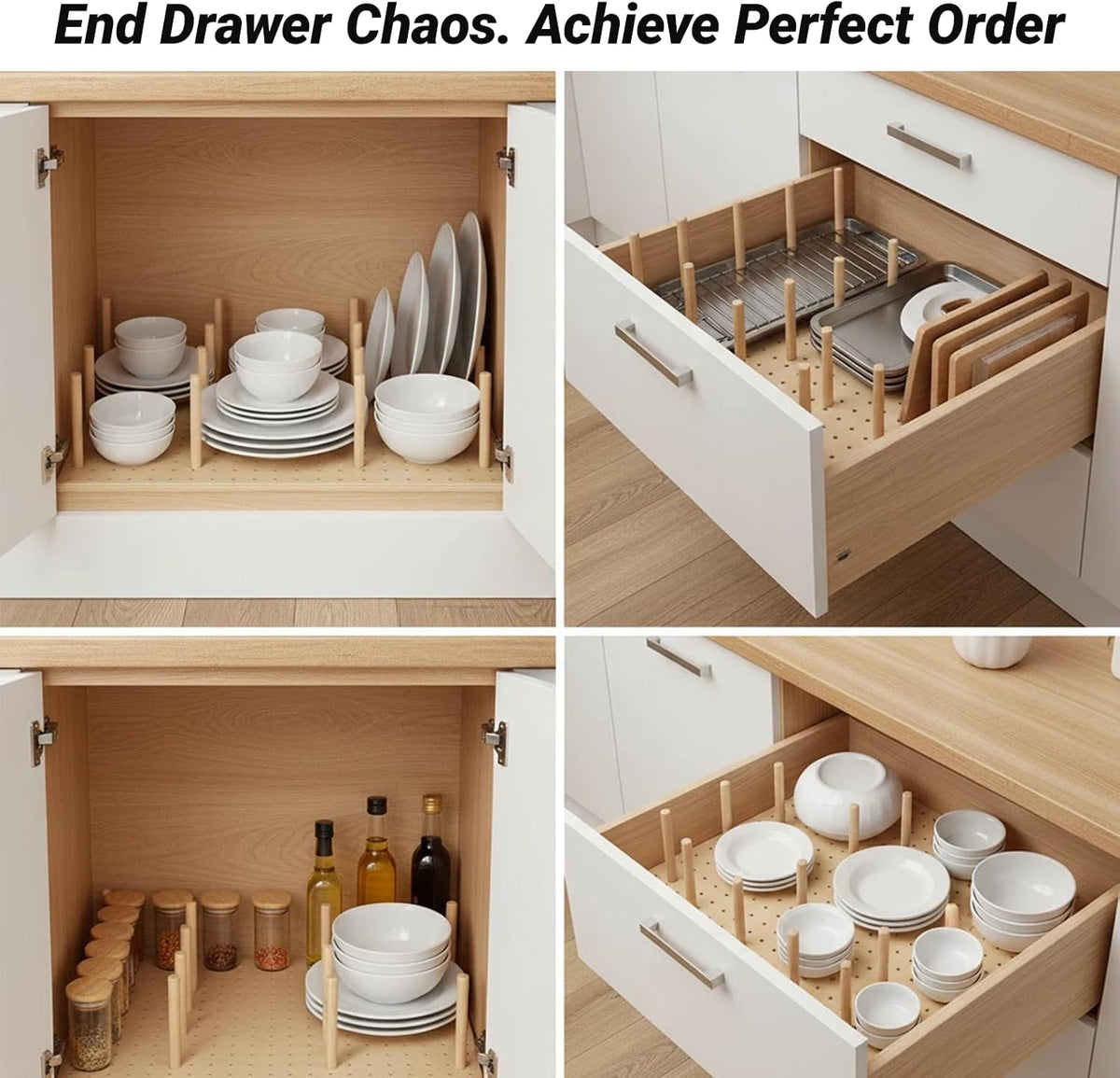 Wooden Pegboard Drawer Organizer for Kitchen - 3 Pack Adjustable Drawer Organizer with 24 Pegs Wooden, Drawer Organizer Kitchen Utensils, Wood Drawer Organizers for Kitchen Countertops & Deep Drawe