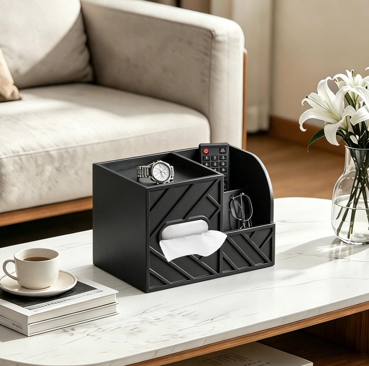 Aesthetic Tissue Box Cover,Remote Control Tissue Holder with Storage Tray