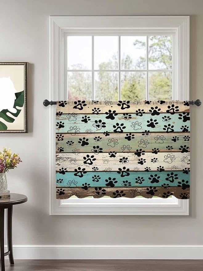 Sheer Curtains 45 Inch Length, Sage Green Brown Paw Prints Semi Sheer Curtains