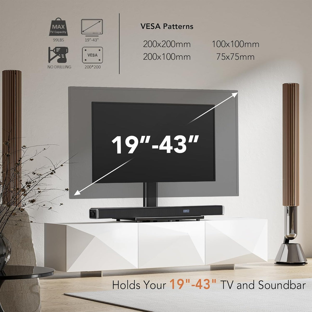 Universal Swivel TV/Table Top TV Stand for 19 to 43 inch TVs with 90 Degree Swivel, 4 Level Height Adjustable, Heavy Duty Tempered Glass Base, Holds up to 99LBS HT02B-001