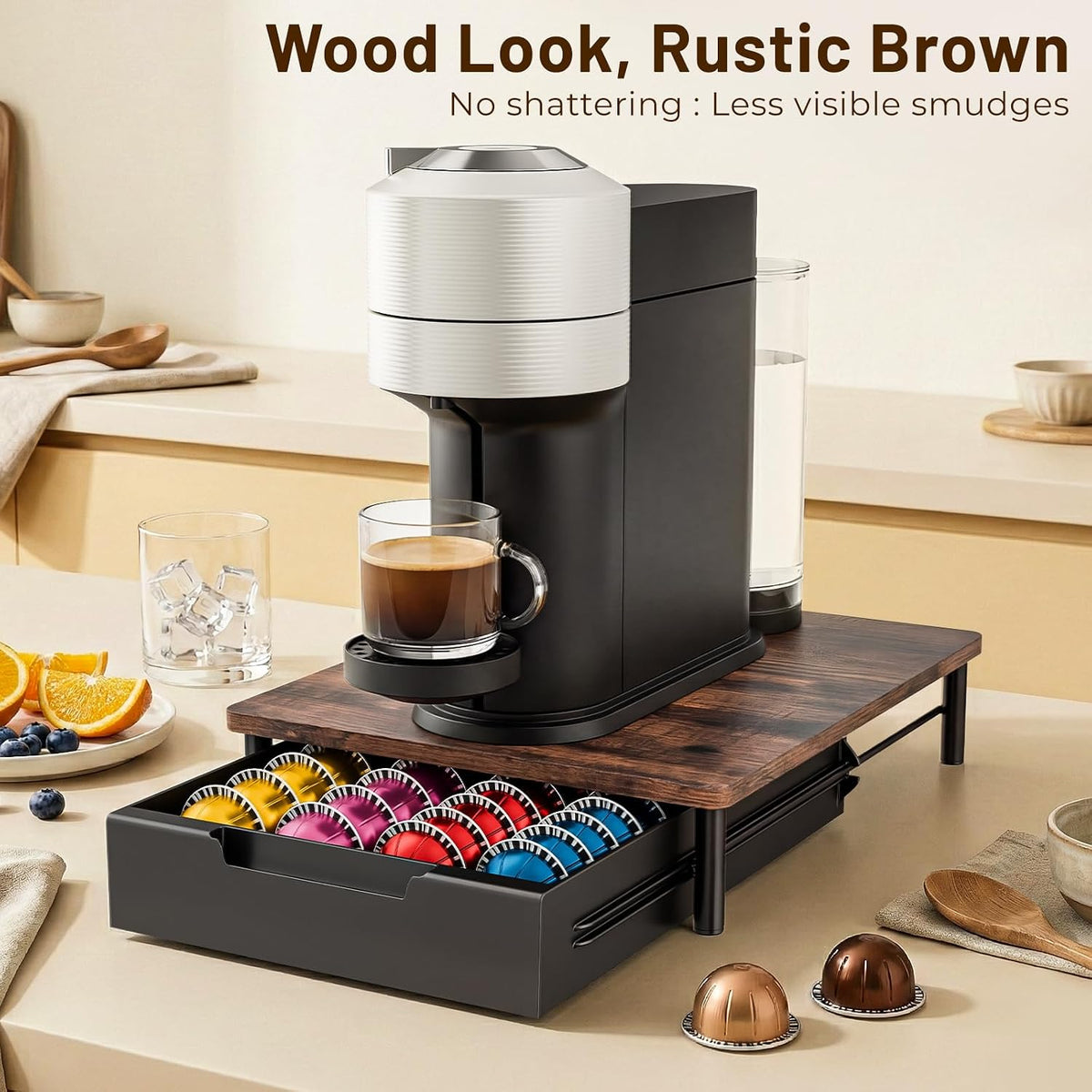 EVERIE Coffee Pod Drawer for Vertuo Pods, Flexible Slots, Rustic Brown