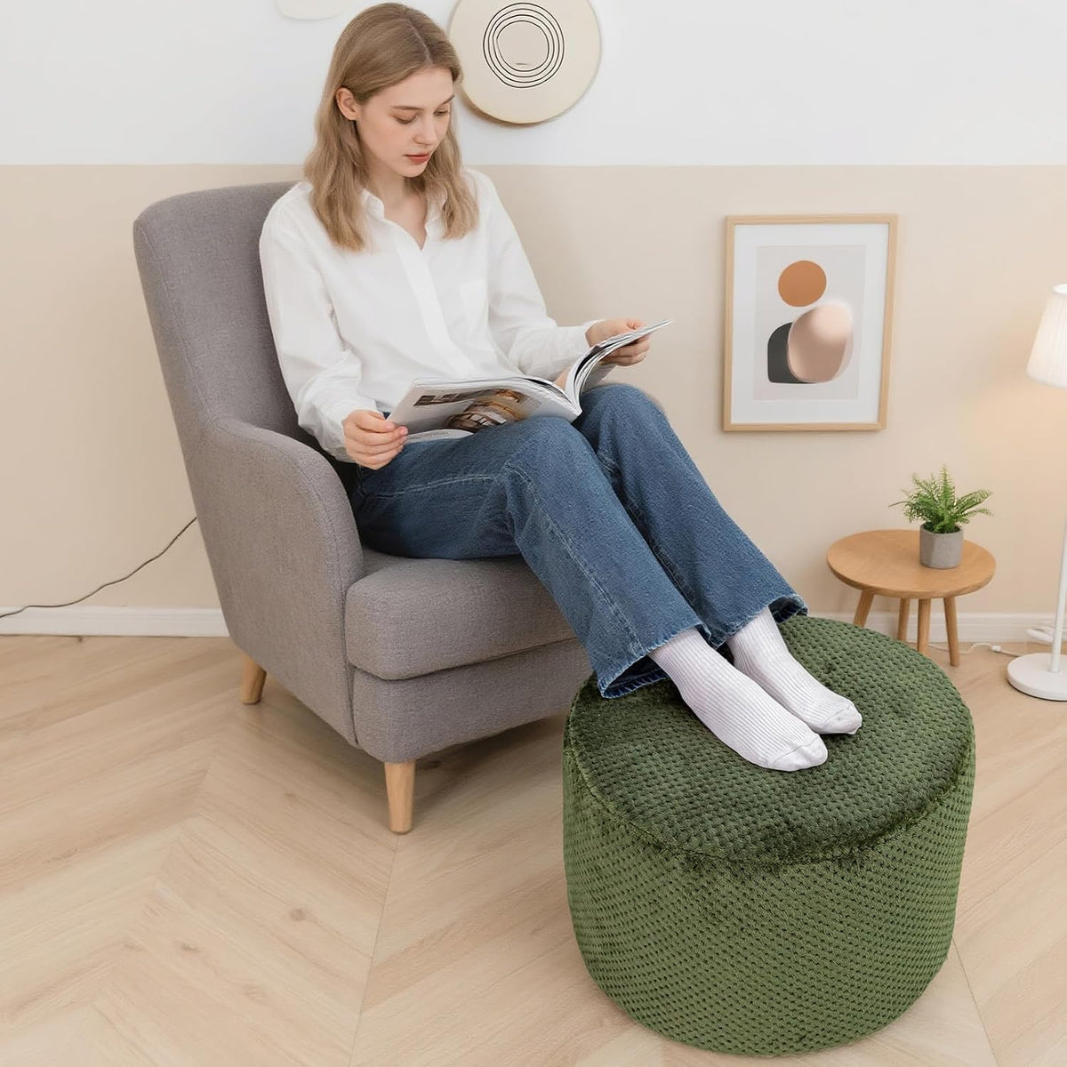 20"x14" Round Foam Stuffed Pouf Ottoman, Under Desk Footrest,Deep Green