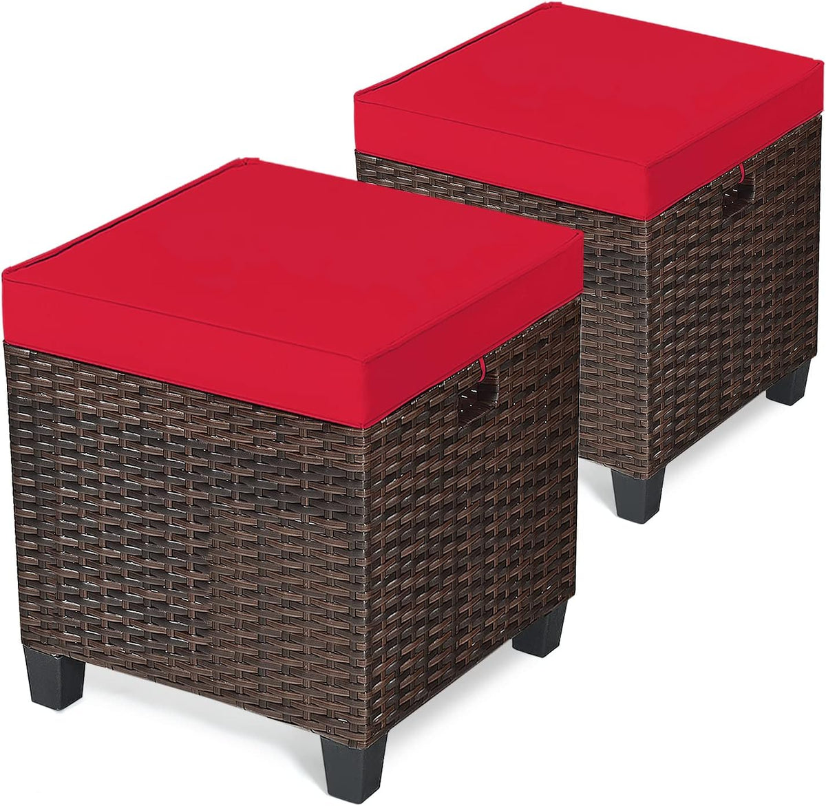 ORALNER Set of 2 Outdoor Ottoman, 16" Wicker Footstools, All-Weather Rattan Cube Foot Stool w/Removable Cushions, Square Footrest Extra Seating for Patio, Porch, Deck, Easy Assembly (Red)