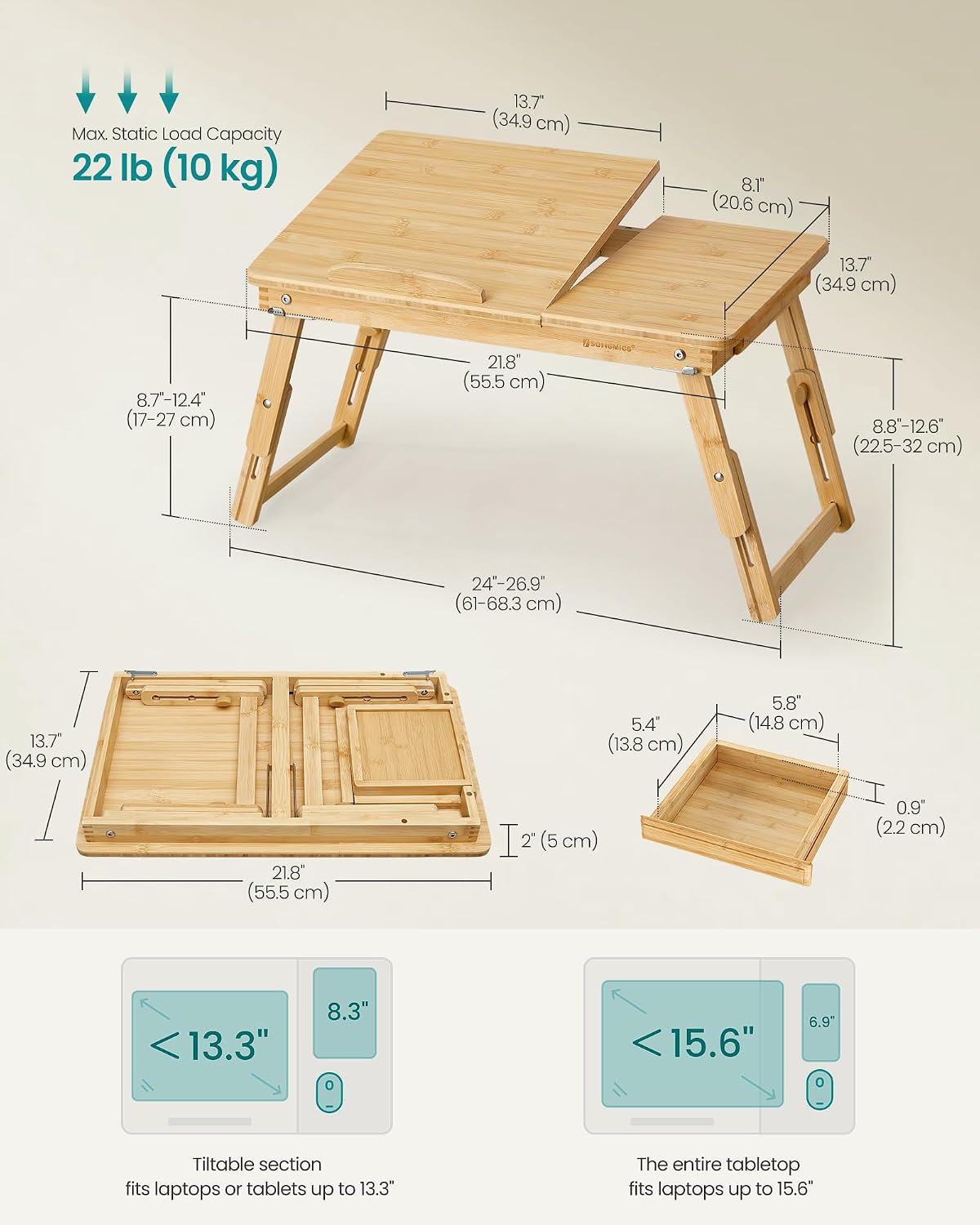 SONGMICS Bed Laptop Desk, Folding Bed Table Adjustable Angle and Height