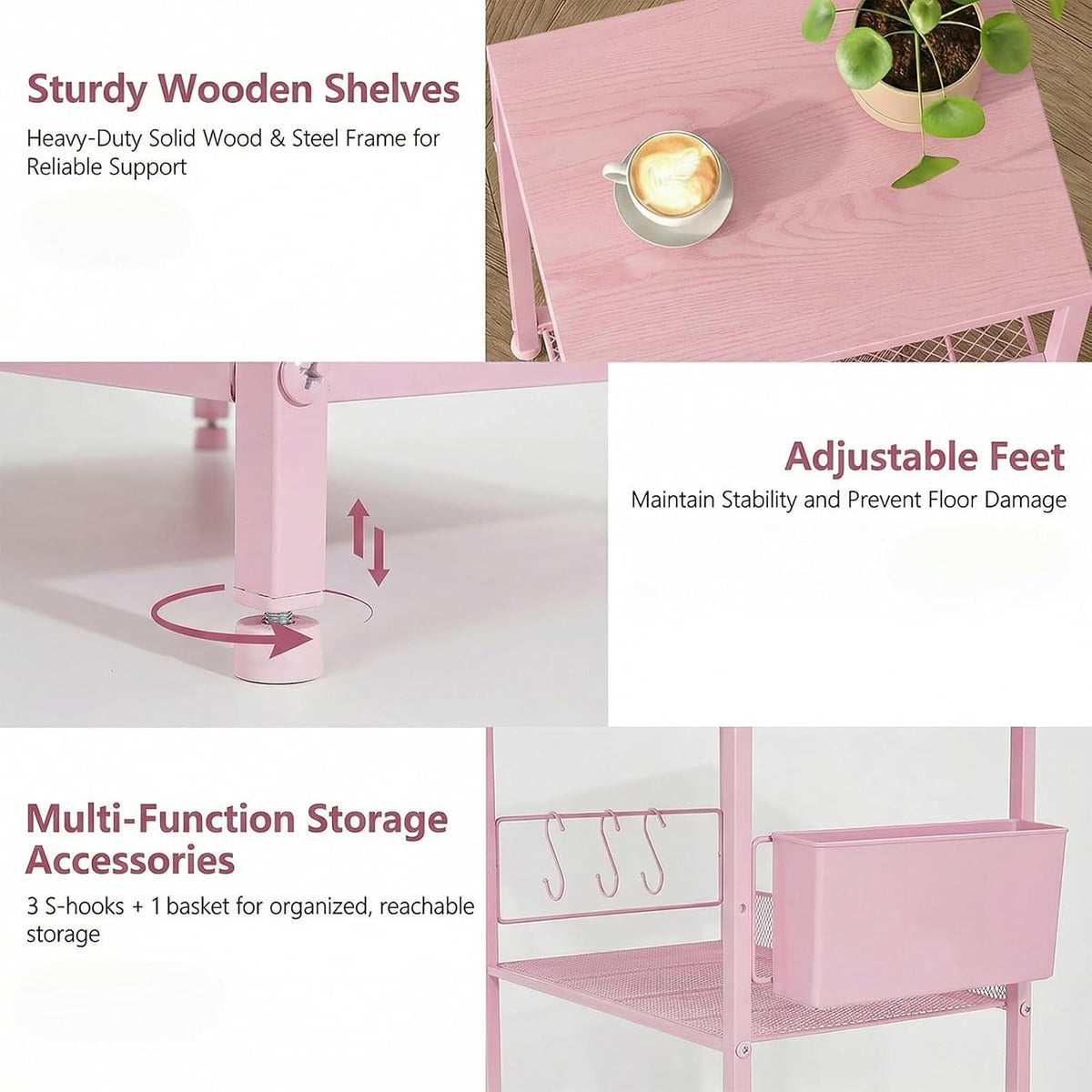 ECOLOVI Small 3 Tier Printer Stand for Under Desk, Height Adjustable Shelf Printer Table with 3 S-Hooks & Basket, Heavy Duty Industrial Storage Shelf for Home Office (Deep Pink)