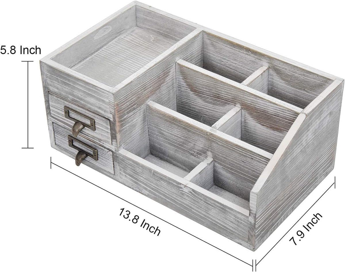 Distressed Rustic Wooden Office Desktop Organizer Wood Shelf Tabletop Home Organizer Storage with Multiple Compartments 2 Tier Drawers,perfect Jewelry storage Display Box for Desk, Vanity (gray)