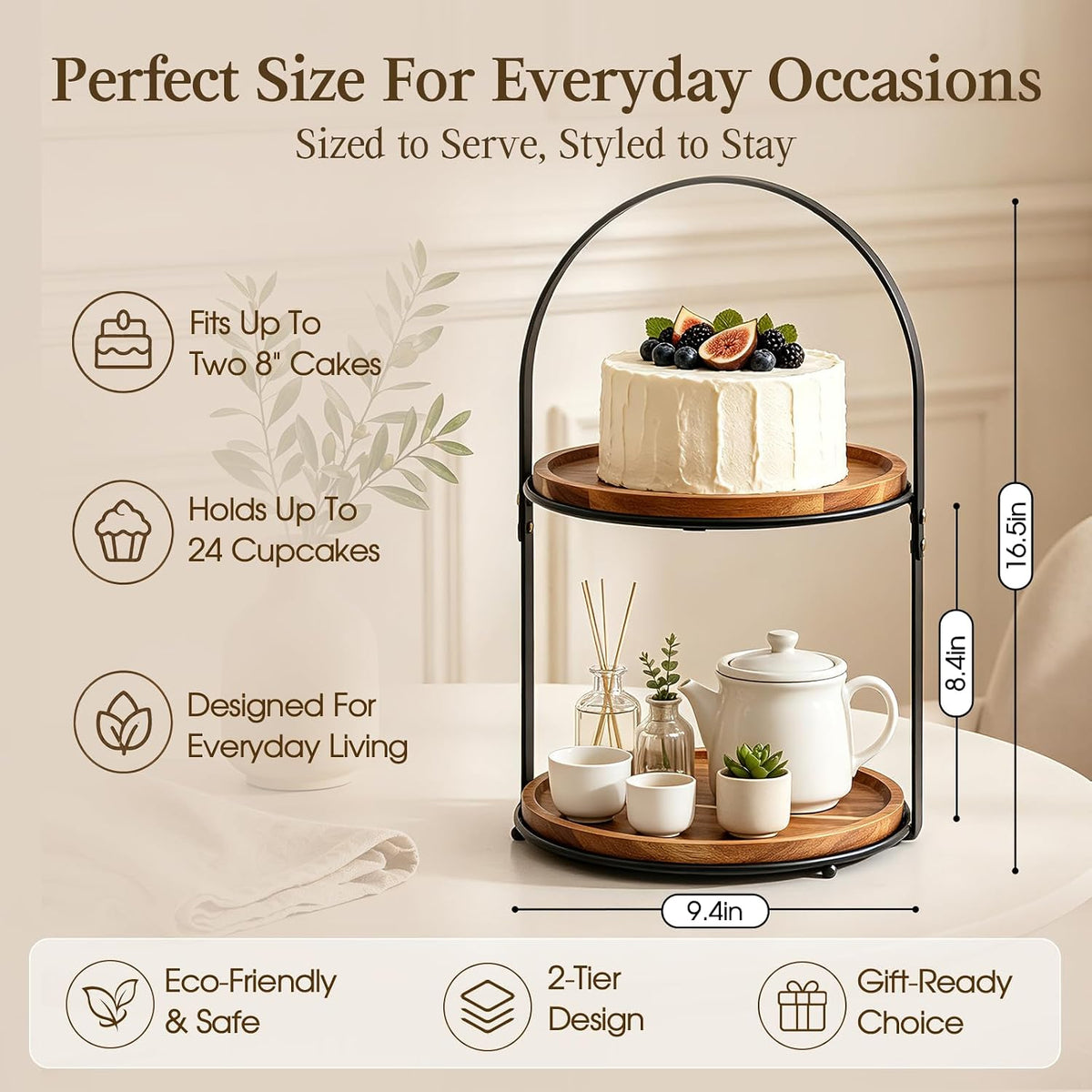 2-Tier Acacia Wood Cupcake Stand, Cake & Dessert Table Display, Arched Iron Frame Tiered Display Stand for Birthday, Wedding, Coffee Bar, Kitchen Counter & Party Decor, Black