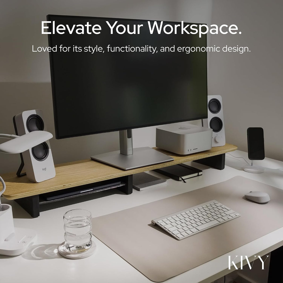 KIVY Dual Monitor Riser With Integrated Metal Shelf - Wooden Desk Shelf