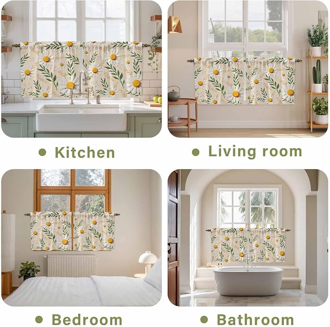 Spring Daisy Tier Curtains, Country Watercolor Flower Leaf Plant Light
