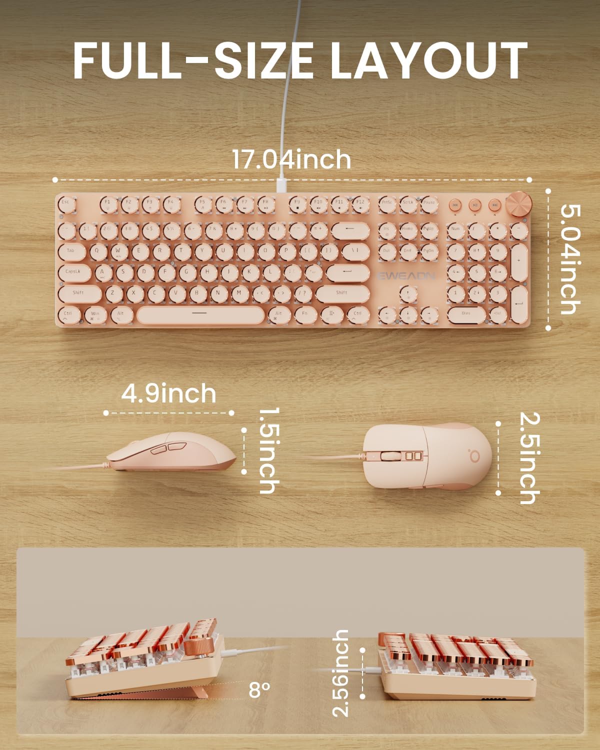 Wired Typewriter Keyboard and Mouse Combo, White Backlit, Soft Clack, Knob
