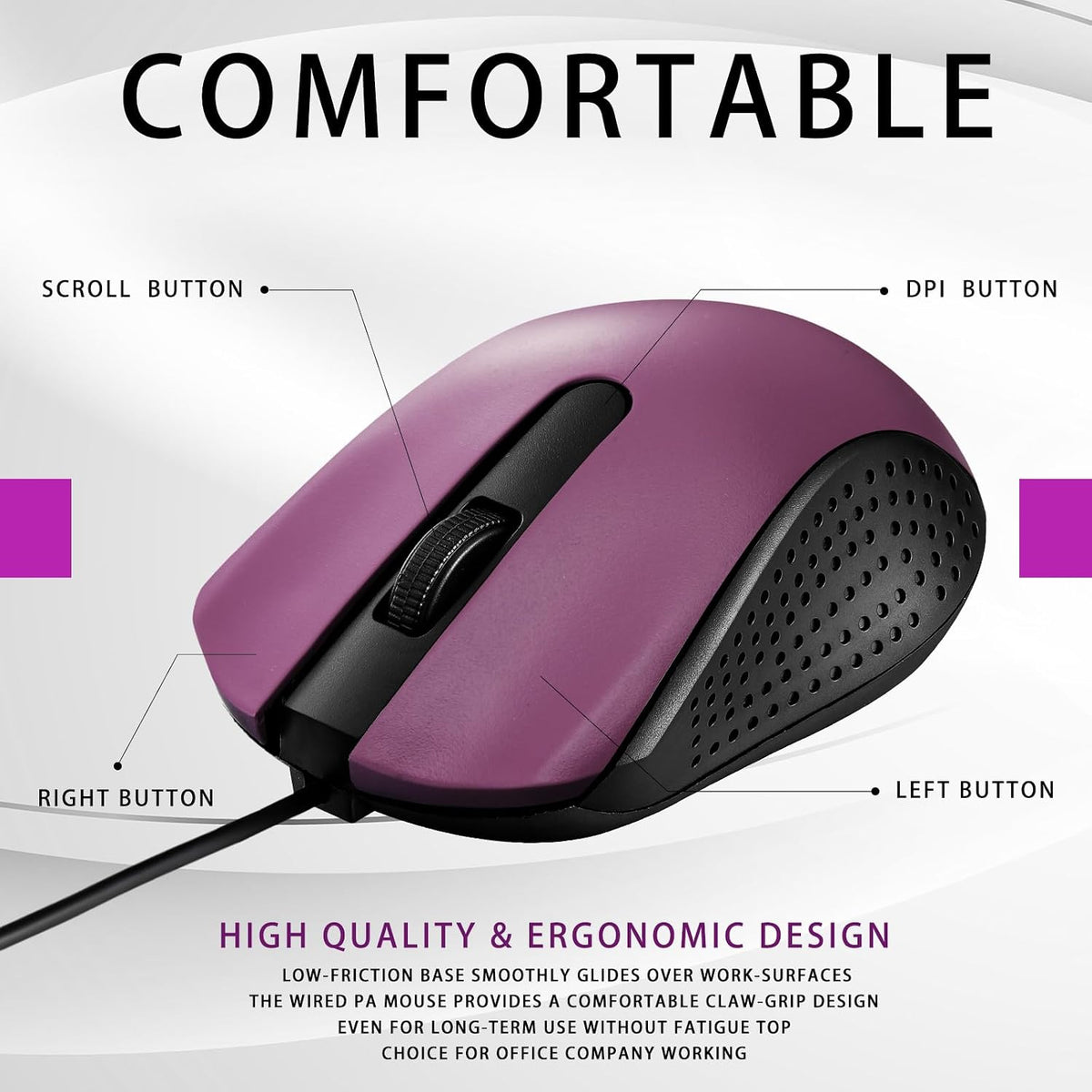 Bonuci 30 Pack Computer USB Wired Mouse Bulk 3 Button 800/1200 DPI Purple