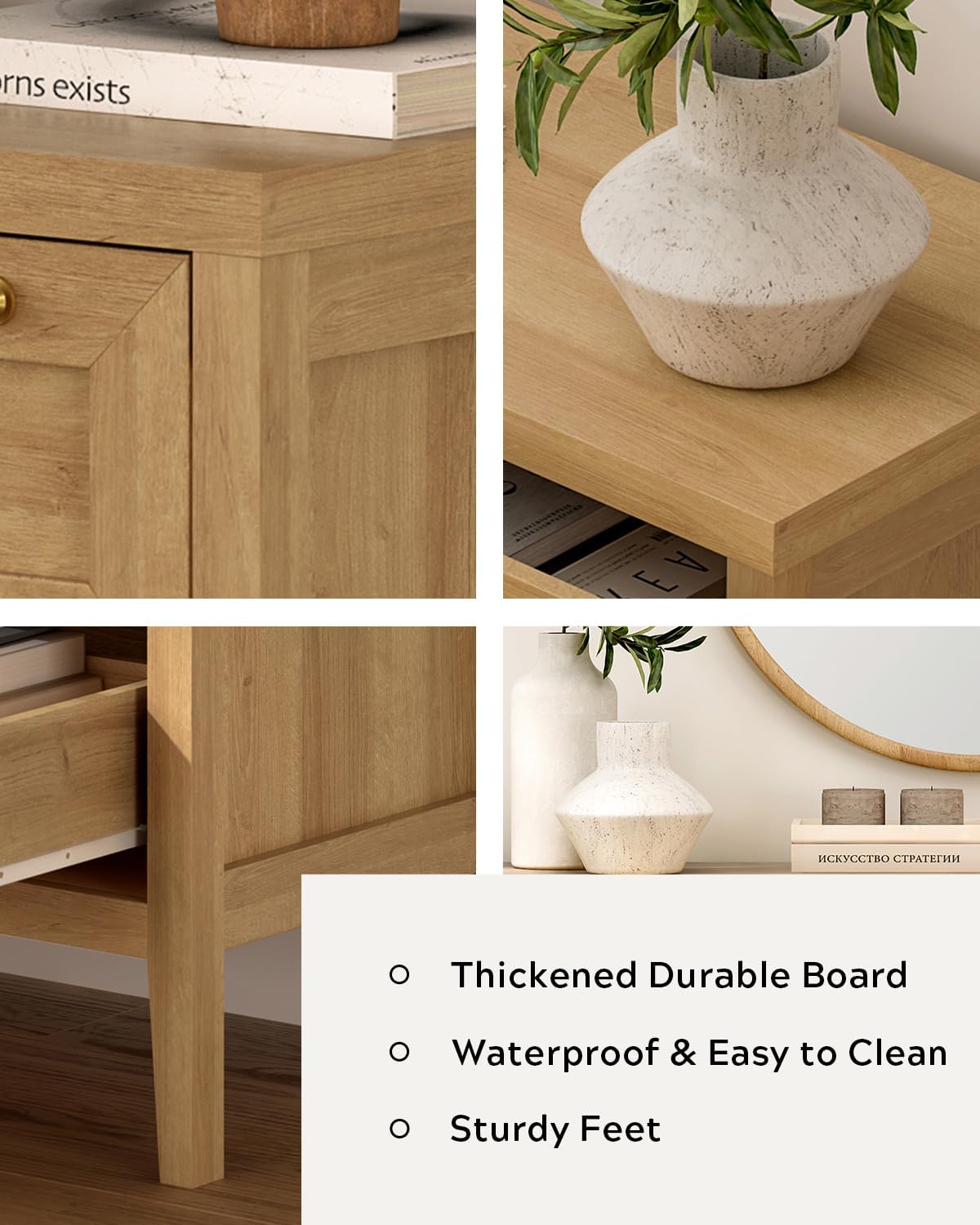 3 Drawers Dresser for Bedroom, Farmhouse Closet Storage Organizer with Golden Handles, Wooden Nightstand End Table for Living Room, Bedroom, Entryway, Hallway, Natural Oak