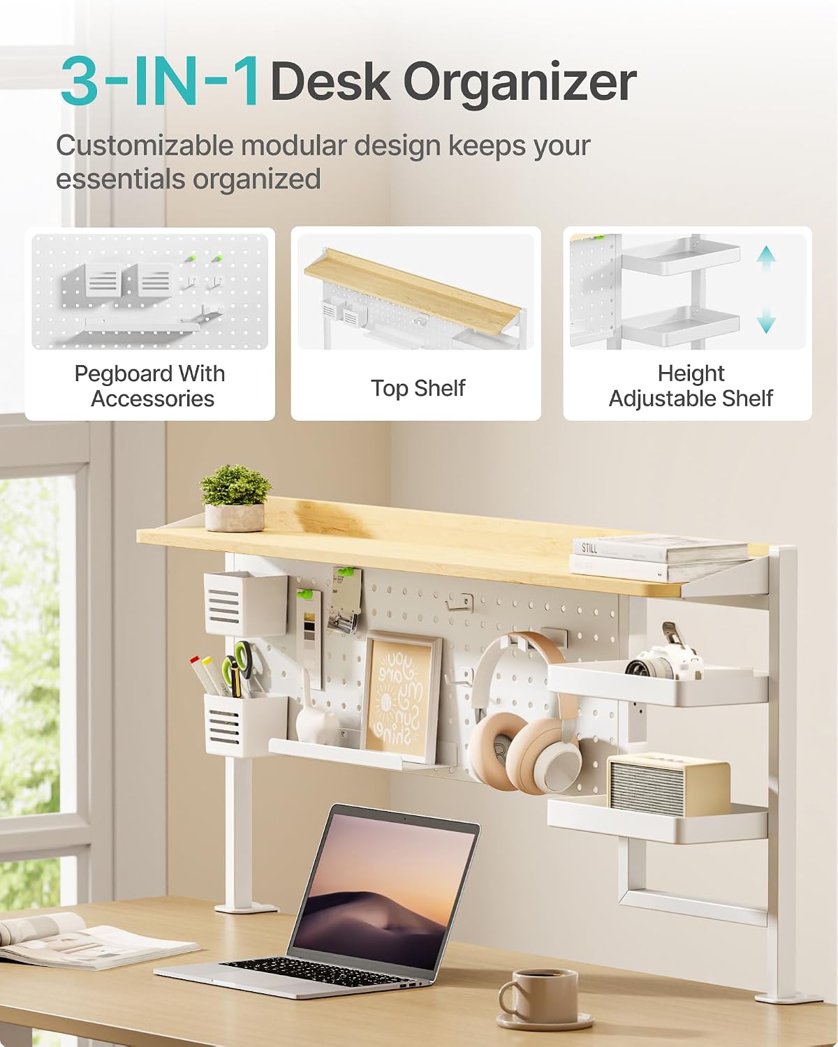 PEGZONE Clamp on Desk Shelf, 44" Desktop Shelving System, White