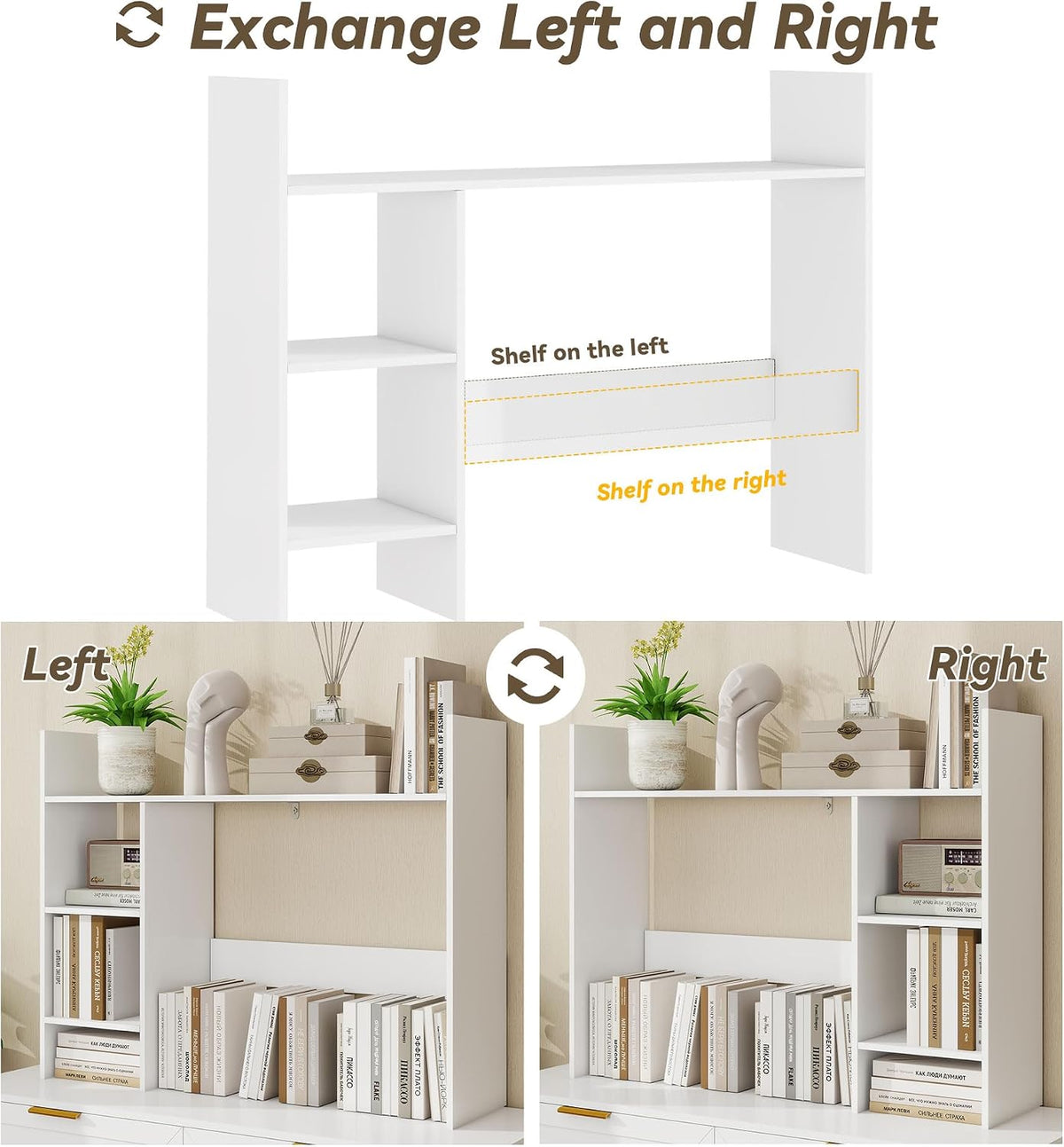FTZxHKLX Desktop Bookshelf, 4 Tier Wooden Desk Storage Hutch, White