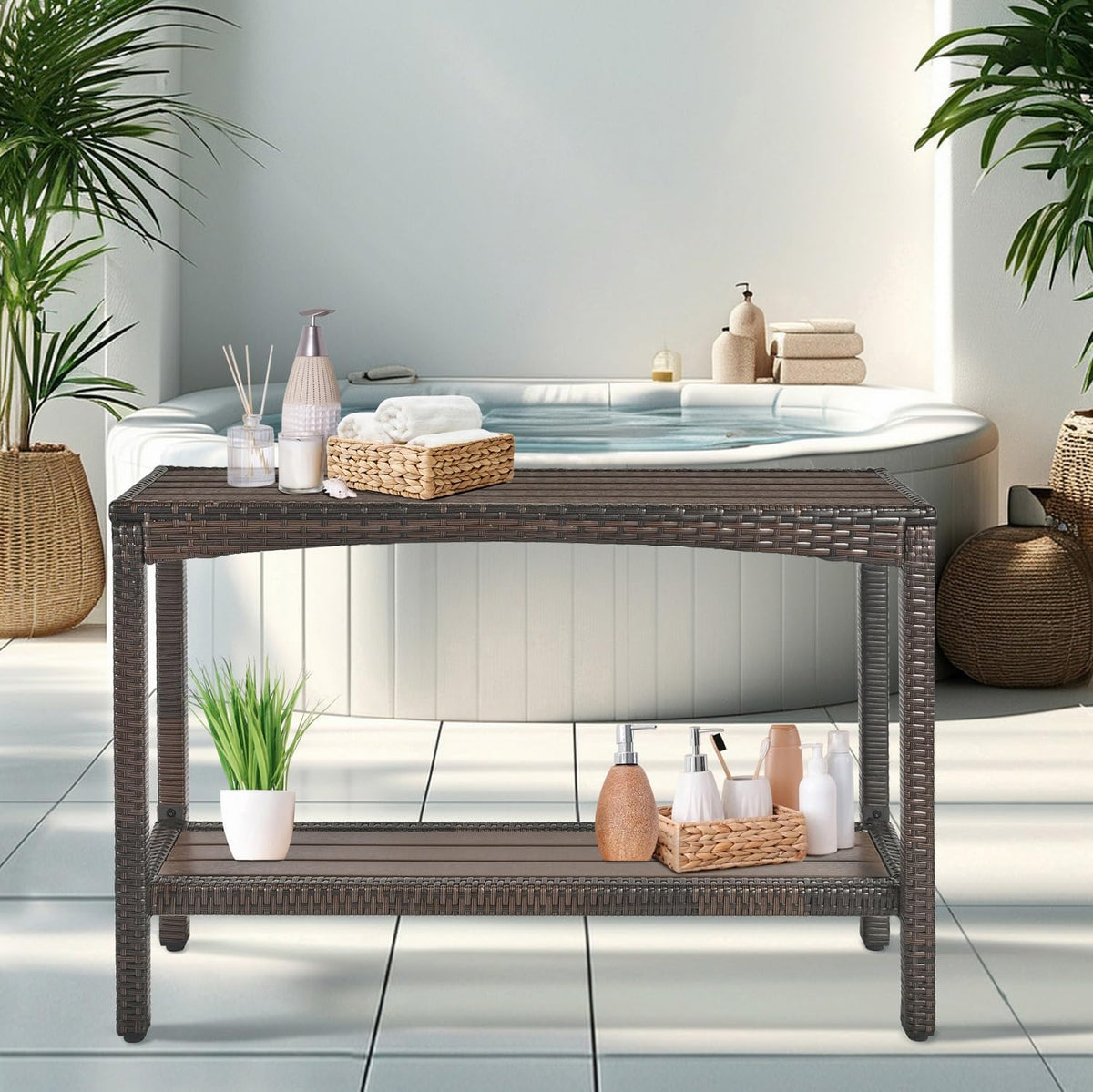 Outdoor Console Table Patio Buffet Bar Storage Organizer 45" Long Wicker Sofa Serving Sideboard Table 2-Shelf Outdoor Bar Table Tall Rectangle Narrow with Adjustable Feet for Entryway Balcony Brown