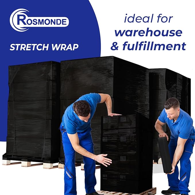 Rosmonde Bulk Plastic Wrap for Moving, 5 Pack, True 18" x 1500 ft Black Shrink Wrap, 80 Gauge / 20 Microns, Industrial Strength Pallet Stretch Wrap, 9.4 lbs/Roll, Black Heavy Duty Shrink Wrap Roll