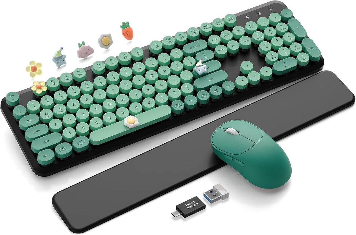 Wireless Keyboard and Mouse Combo, Cute Typewriter, Magnetic Wrist Rest