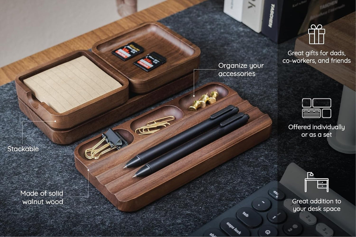 Wooden Desk Organization 4 Piece Set - for Desk Accessories Work Teacher Dad Wood Tray Work Minimalist Rustic