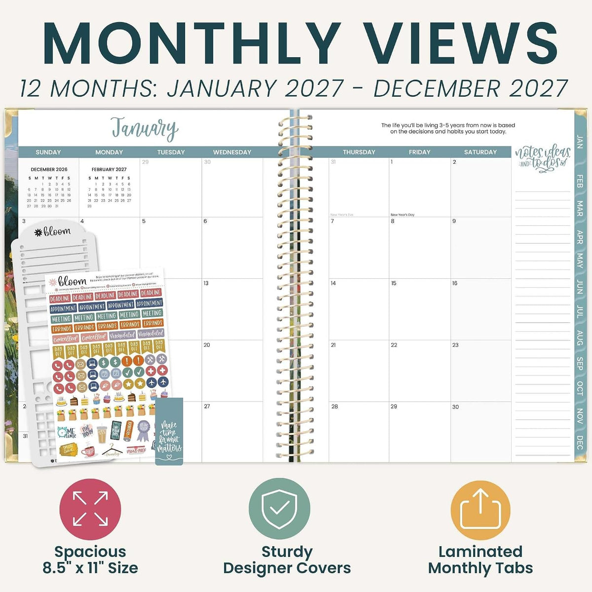 bloom daily planners 2027 HARDCOVER Planner & Stencil - 8.5” x 11" Calendar Year (January - December) Task Goal Planner for Women - Monthly & Weekly Inspirational Agenda Book with Stickers - A New Day
