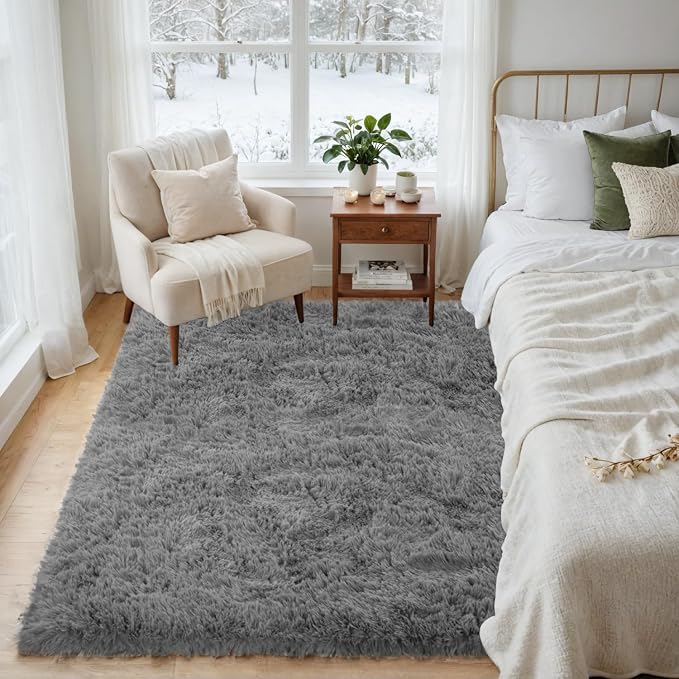 4x6 Area Rugs for Living Room Rug: Soft Fluffy Shag Light Gray Rugs for Bedroom