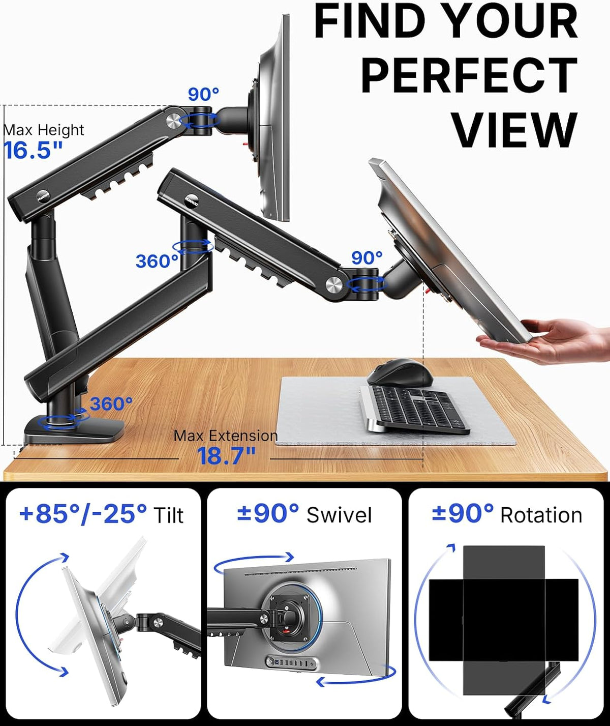HUANUO FlowLift Pro Dual Monitor Mount for 13–27" Screens, MechaSpring Monitor Stand, Adjustable Monitor Arms for 2 Monitors with Tilt/Swivel/Rotation, Tool-Free VESA Mount, Max Load 15.4 lbs