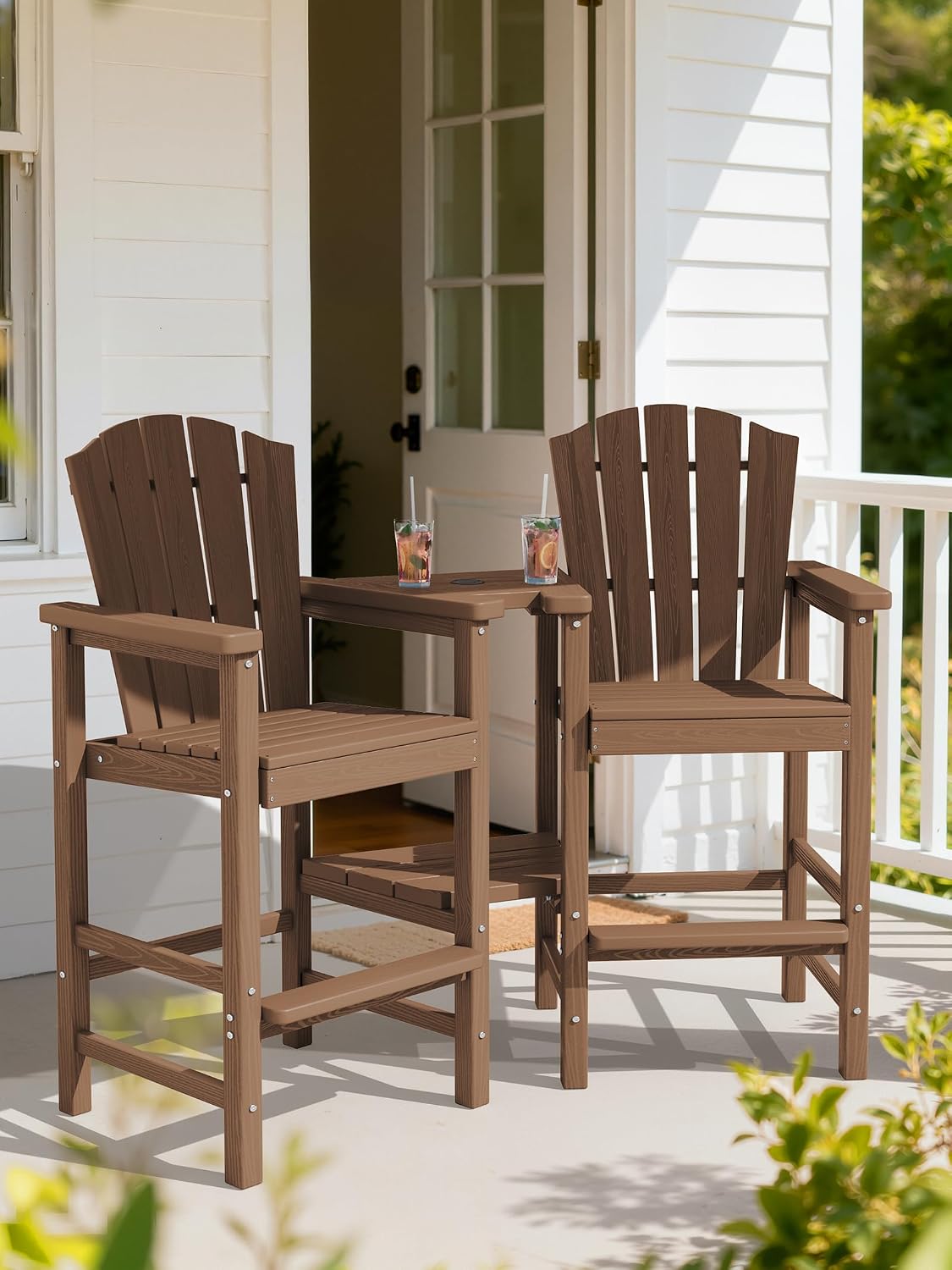 KINGYES Tall Adirondack Chair Set of 2 with Double Connecting Trays, Brown