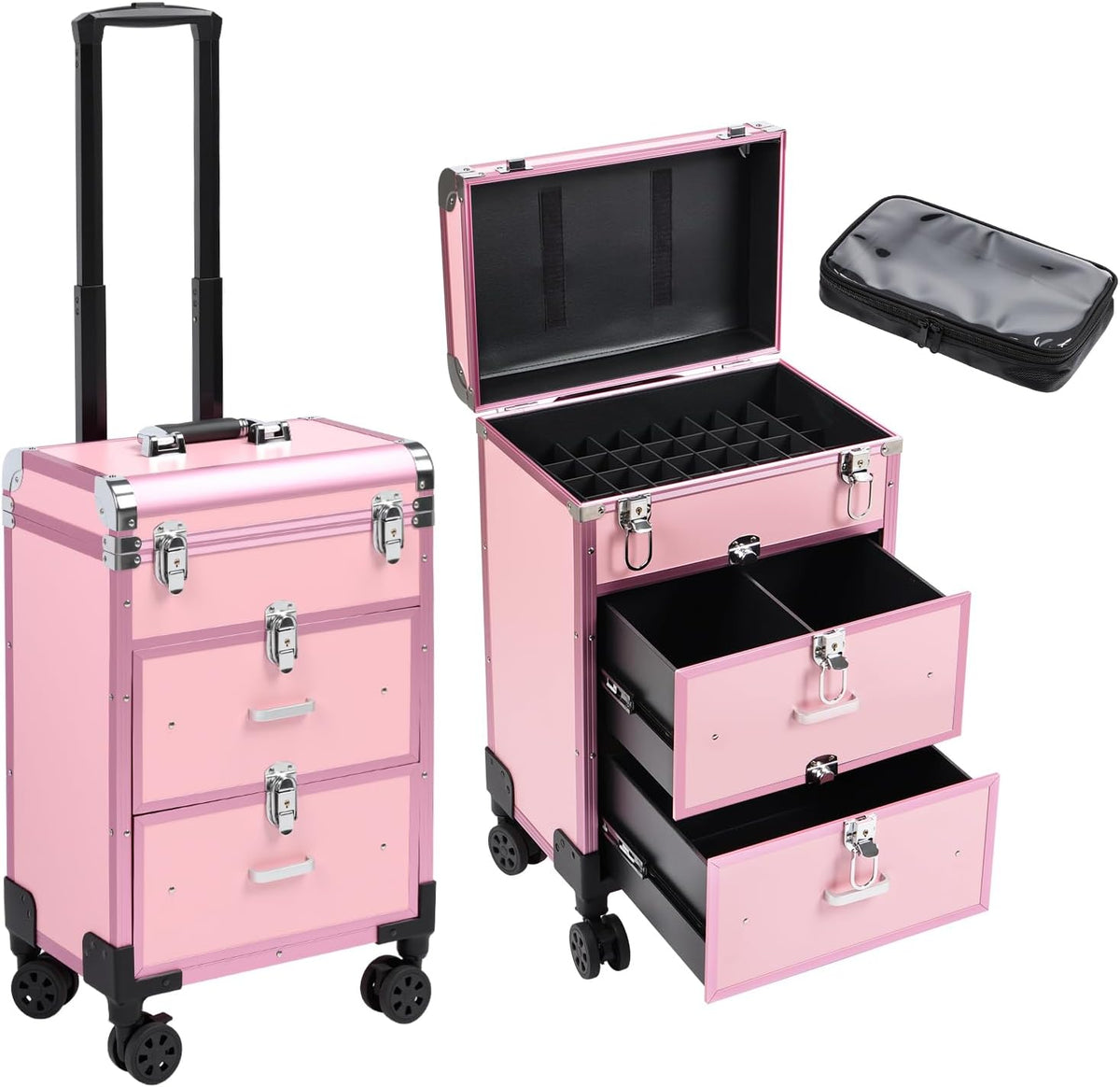 3 in 1 Rolling Makeup Case, Professional Cosmetology Case on Wheels, Detachable Clear Makeup Bag & Nail Polish Organizer, Portable Makeup Trolley with Drawers for Makeup Artists & Nail Technicians