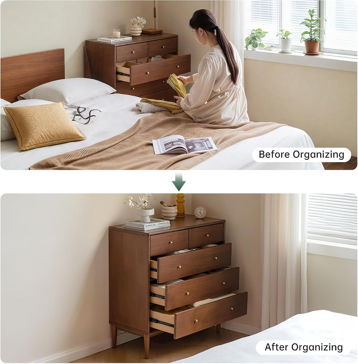 Solid Wood Nightstand, 5 Drawer Side Table for Bedroom, Wooden Storage Organizer, Modern Chest of Drawers for Living Room, Hallway, Closet, Walnut (33" W x 15.8" D x 35.4" H)