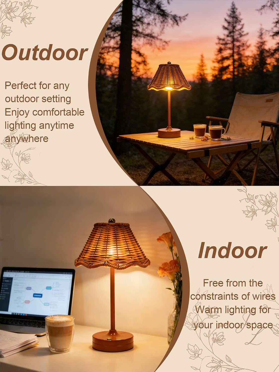 2 Pack Rattan Table Lamp,USB Rechargeable Cordless LED Desk Lamps