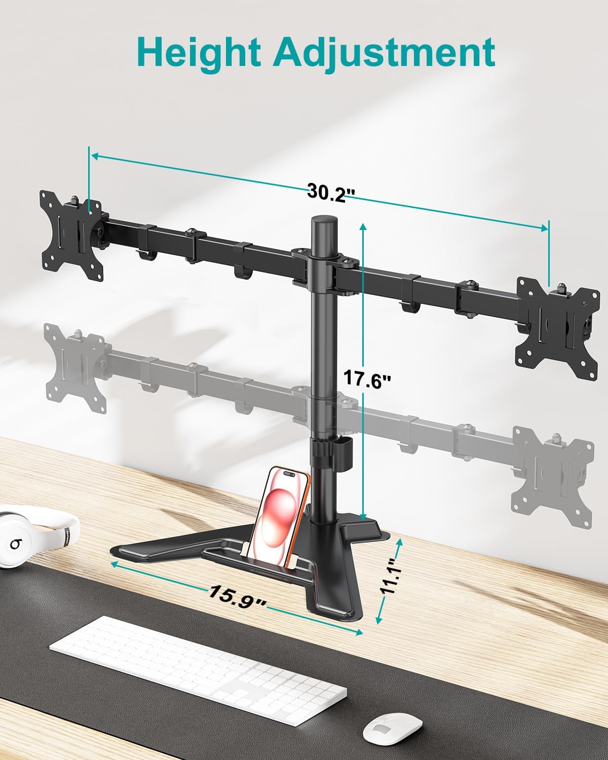 MOUNT PRO Dual Monitor Stand, Free-Standing Full Motion Monitor Desk Mount Fits 2 Screens up to 27 inches,17.6lbs with Height Adjustable, Swivel, Tilt, Rotation, VESA 75x75 100x100, Black