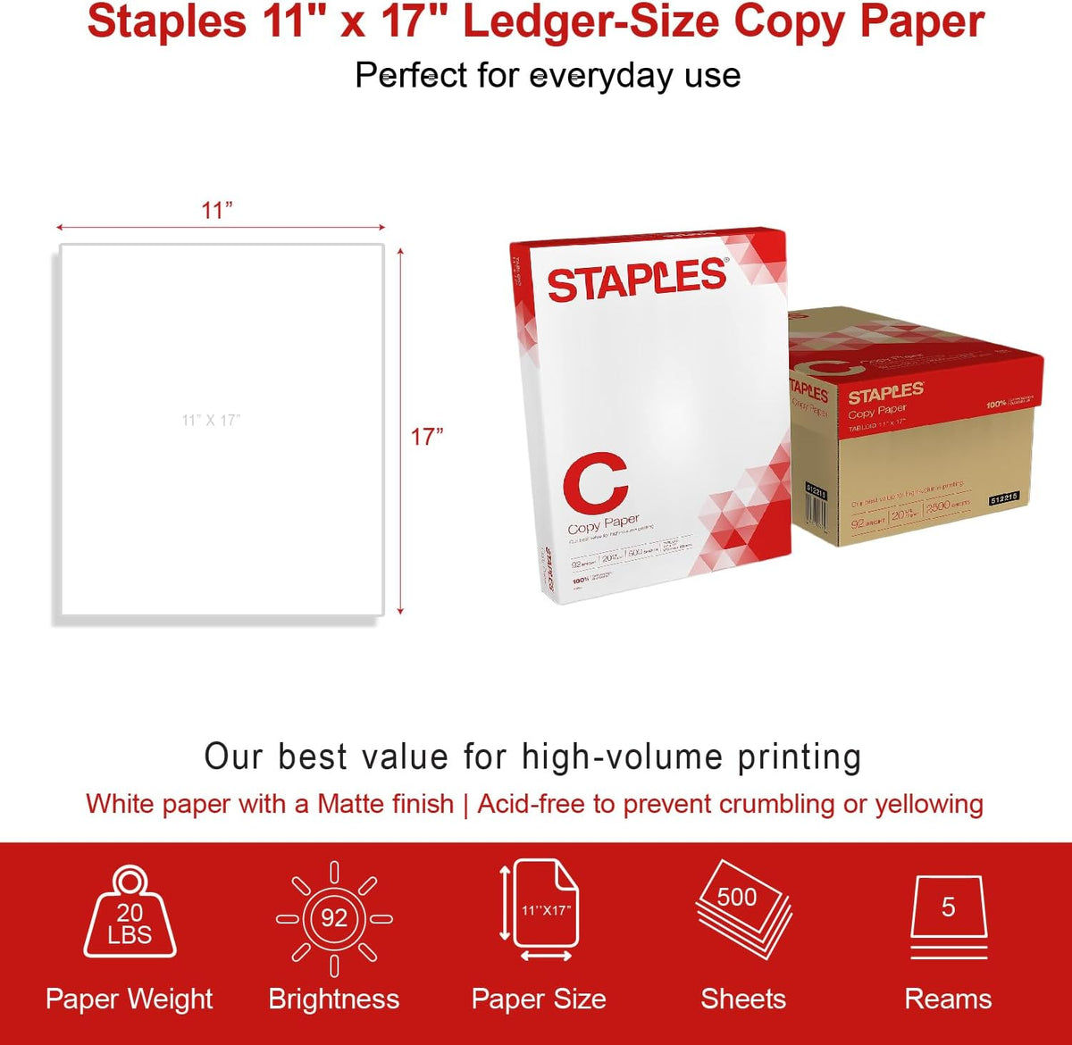 Staples Copy Paper, 11x17 Inch Ledger Size, 92 Brightness, 20 lb., 500/Ream