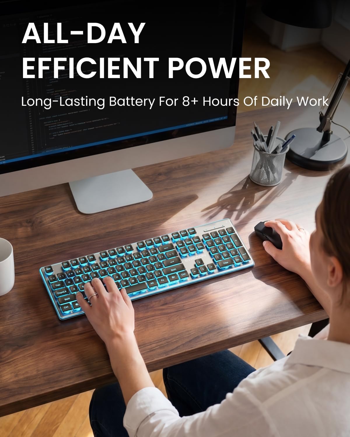 Wireless Keyboard and Mouse Combo with Blue Backlit, Rechargeable-Black