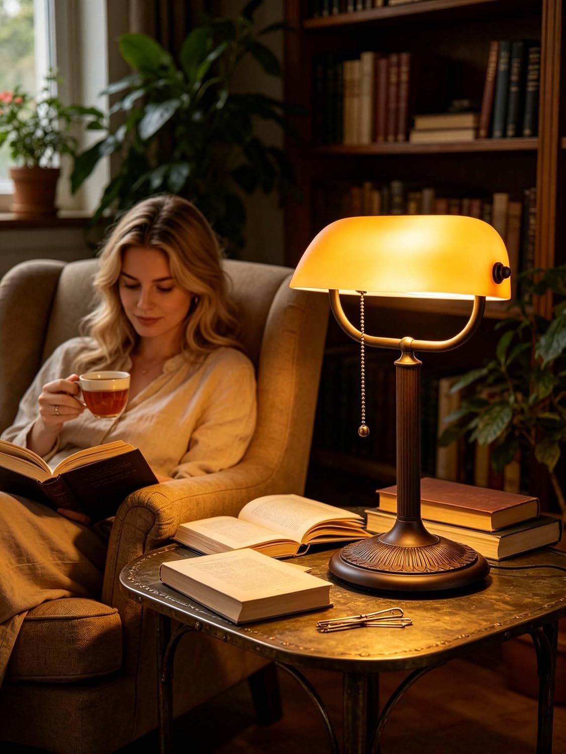 1-Minute Quick-Change Shade Matted Amber Glass Bankers Desk Lamp
