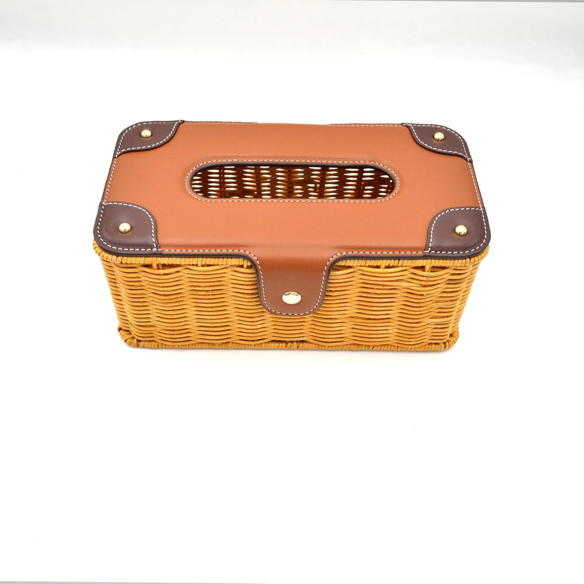 Handmade Rattan Tissue Box Holder with PU Leather Lid