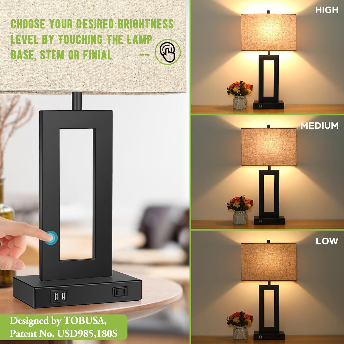 TOBUSA 22" Table Lamp Set of 2, Modern Nightstand Lamp with 2 USB Ports