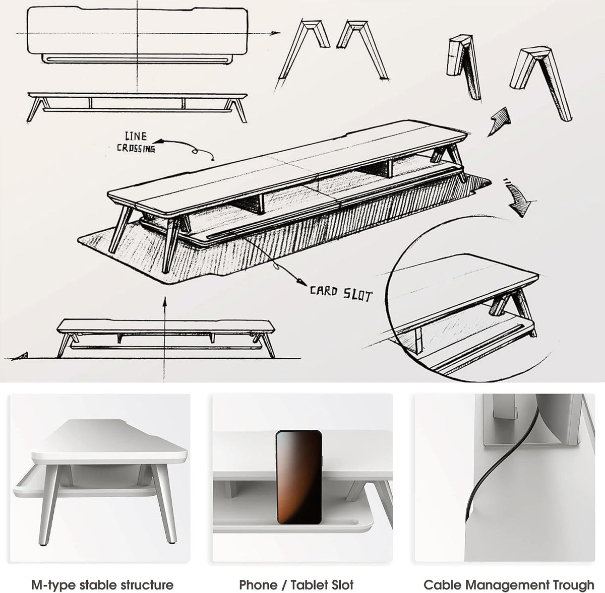 Fenge Dual Monitor Stand Riser, Wooden Desk Shelf with 2-Tier Storage