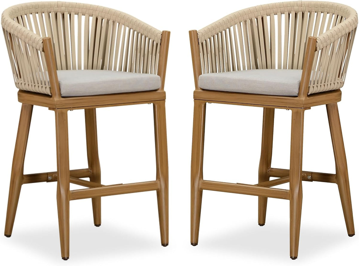 PURPLE LEAF Outdoor Patio Counter Stool Set of 2 Woven Rattan Teak Aluminum