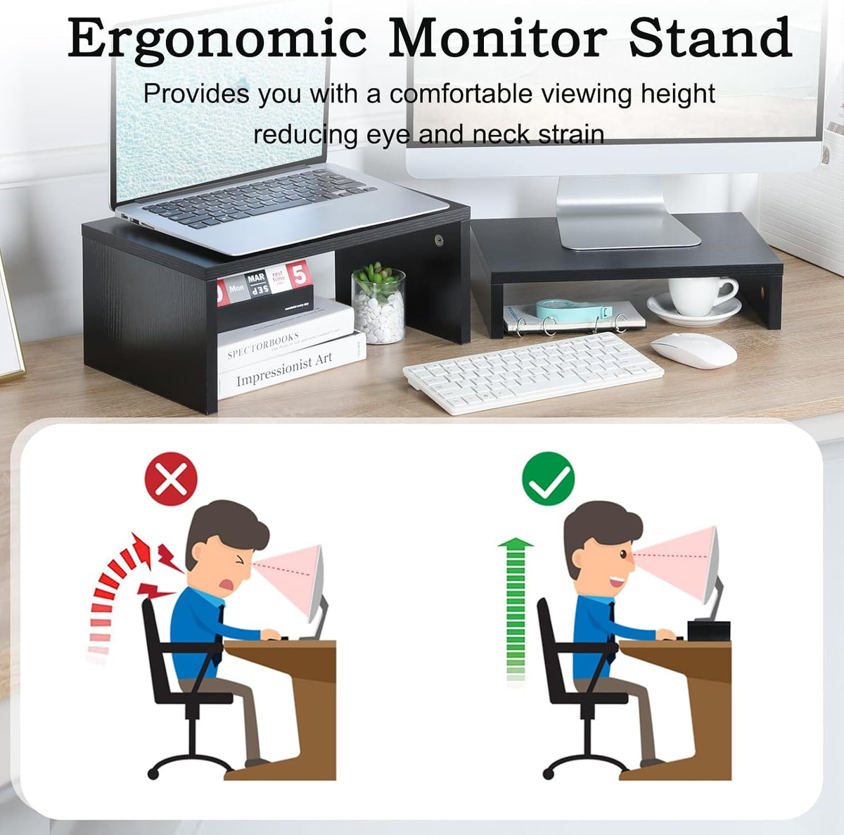 TEAMIX 2-Pack Monitor & Laptop Stand Riser,Wood High-Low Dual Monitor Setup