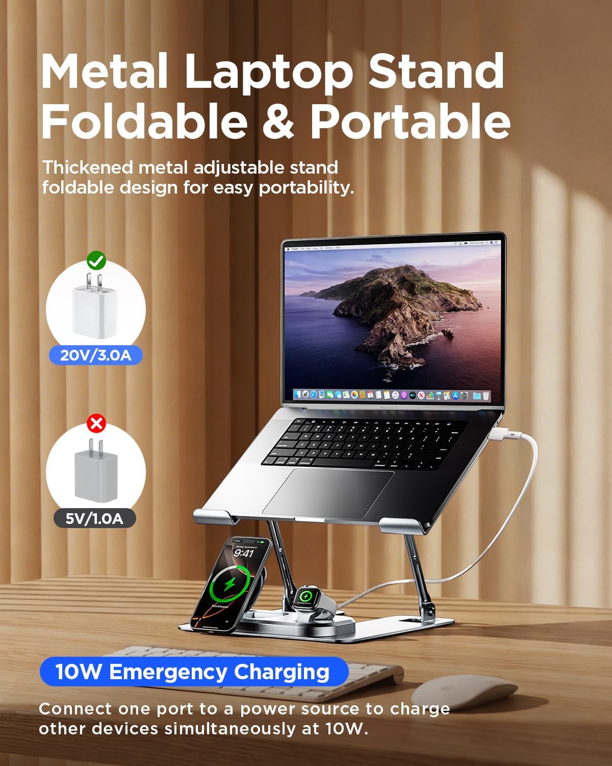 Adjustable Laptop Stand with Wireless Charger, Qi2 15W, 4in1