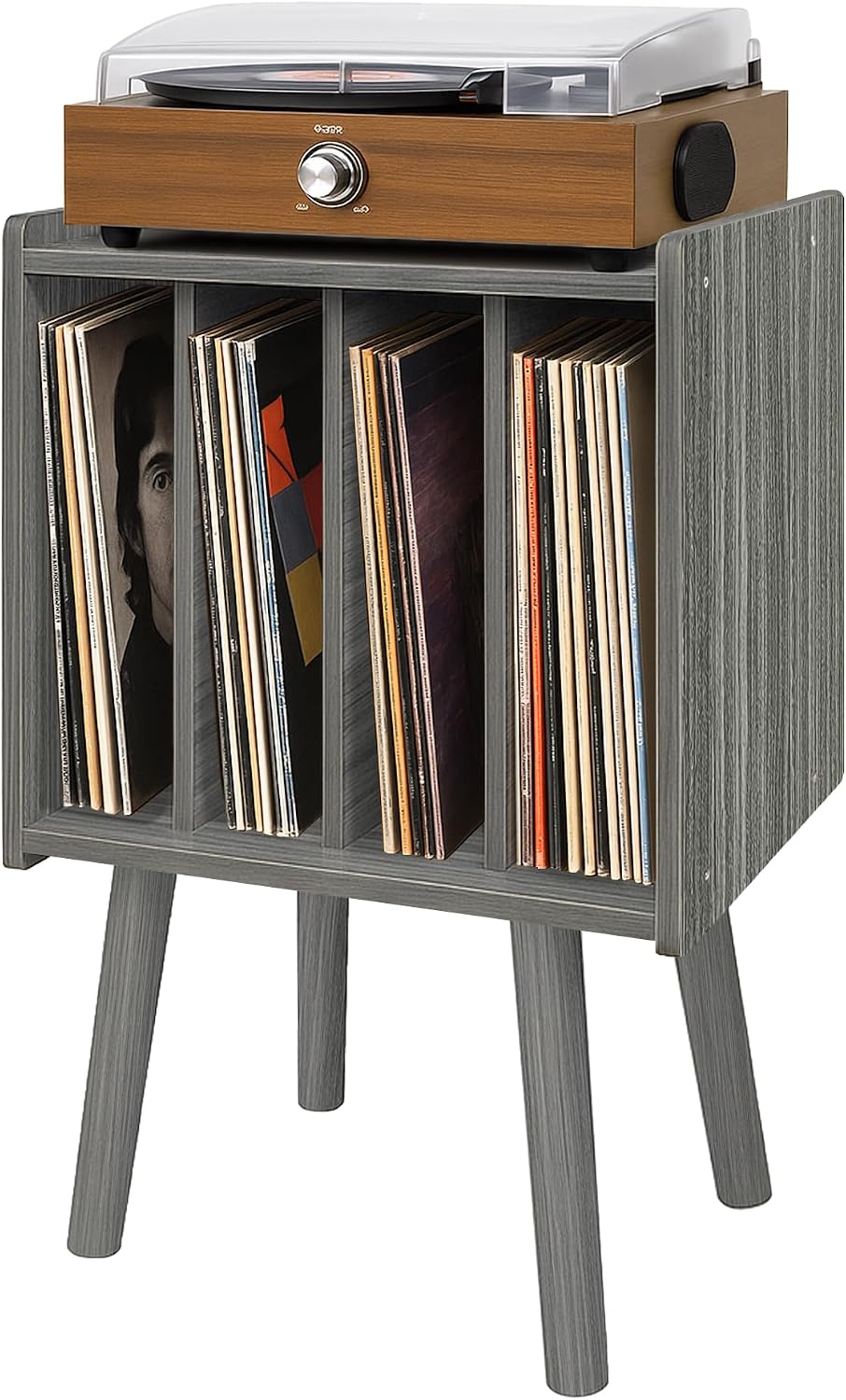Record Player Stand, Vinyl Record Storage Table with 4 Cabinet, Mid Century Modern Turntable Stand, Organizer Vinyl Table for Bedroom Living Room, Eucalyptus