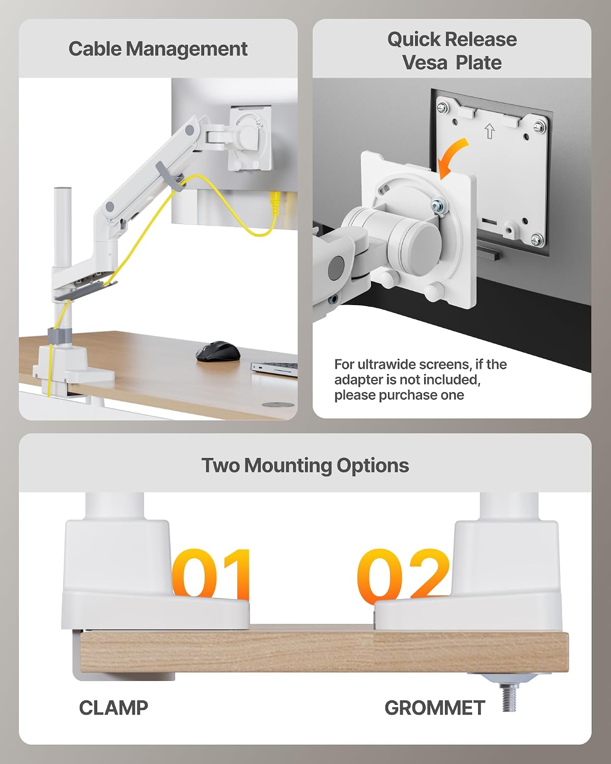 monTEK Ultrawide Monitor Arm Max 57",Height Adjustable 25.5",with USB，White