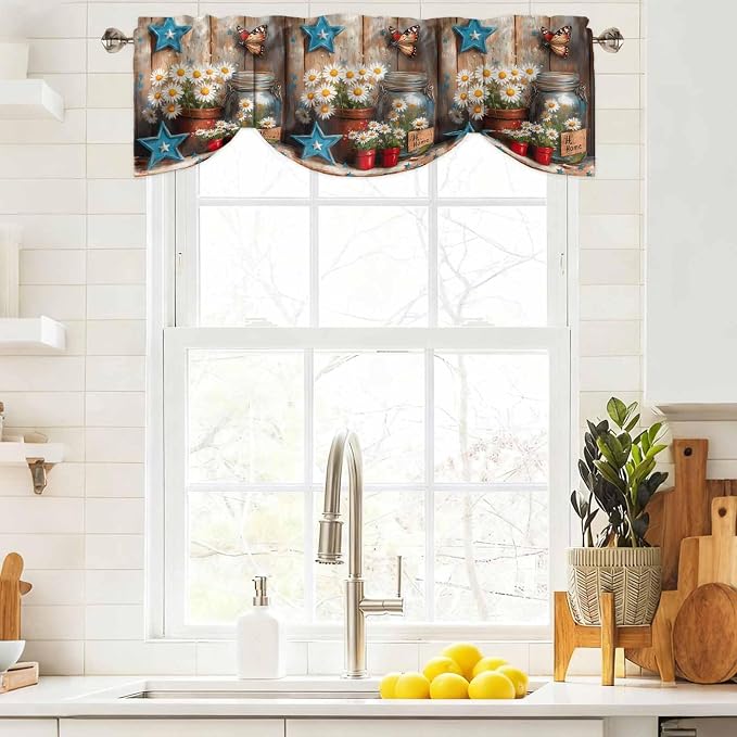 Country Flower Tie Up Valance for Window, Western Texas Star Butterfly Barn