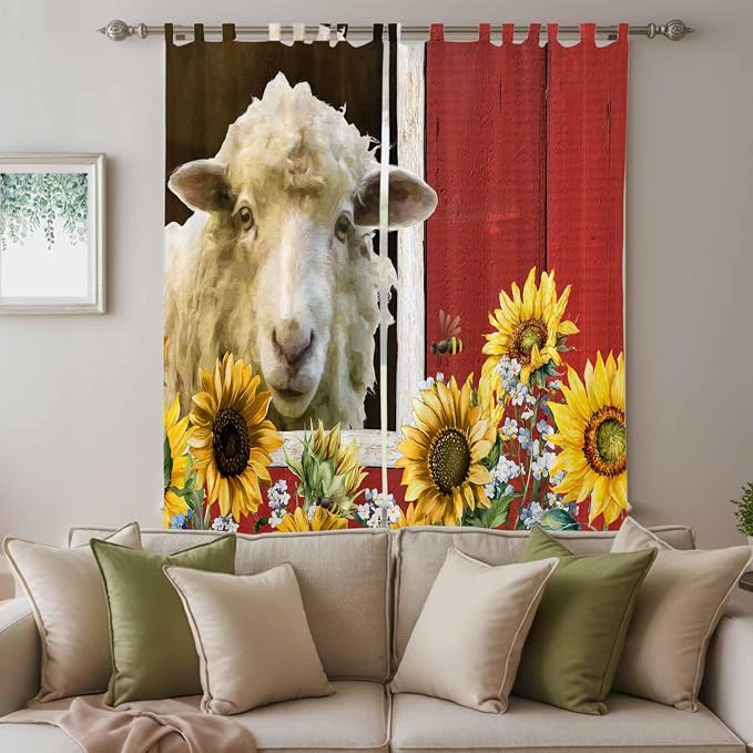 Sheep Flowers Living Room Curtains 84 Inch Length, Window Curtains Tab Top