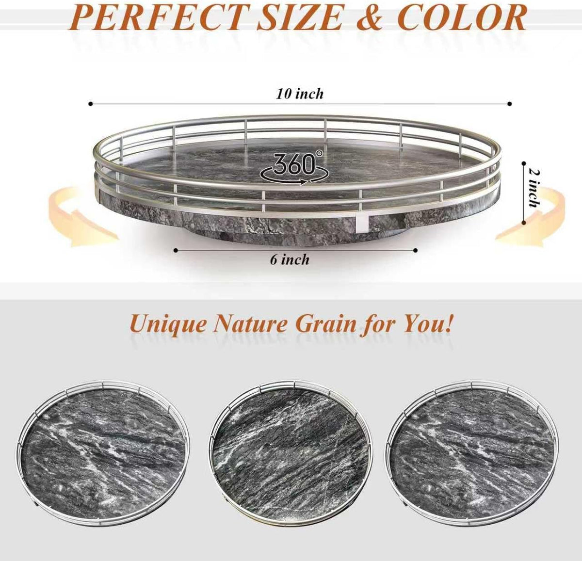 AHM10-Inch Gray Marble Lazy Susan with Silver Iron Frame