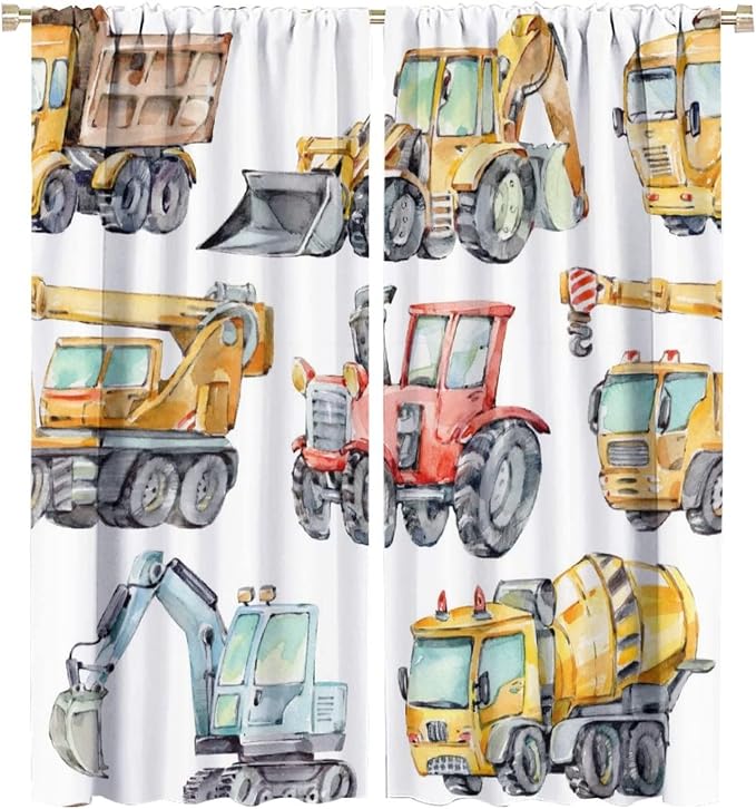 Kids Excavator Curtains, Retro Truck Tractor Machinery Construction Vehicle