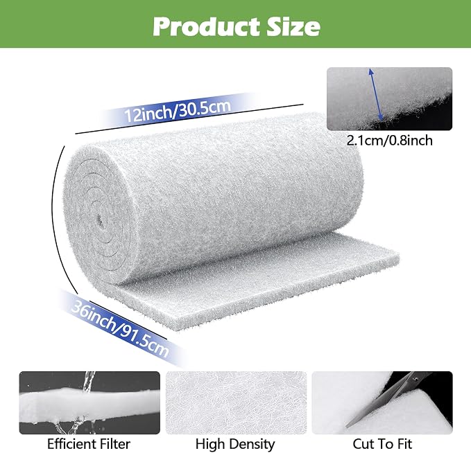 Classic Pond Filter Pad Media 18"x36"x1", 4.5 Ft² White Thicker Reusable
