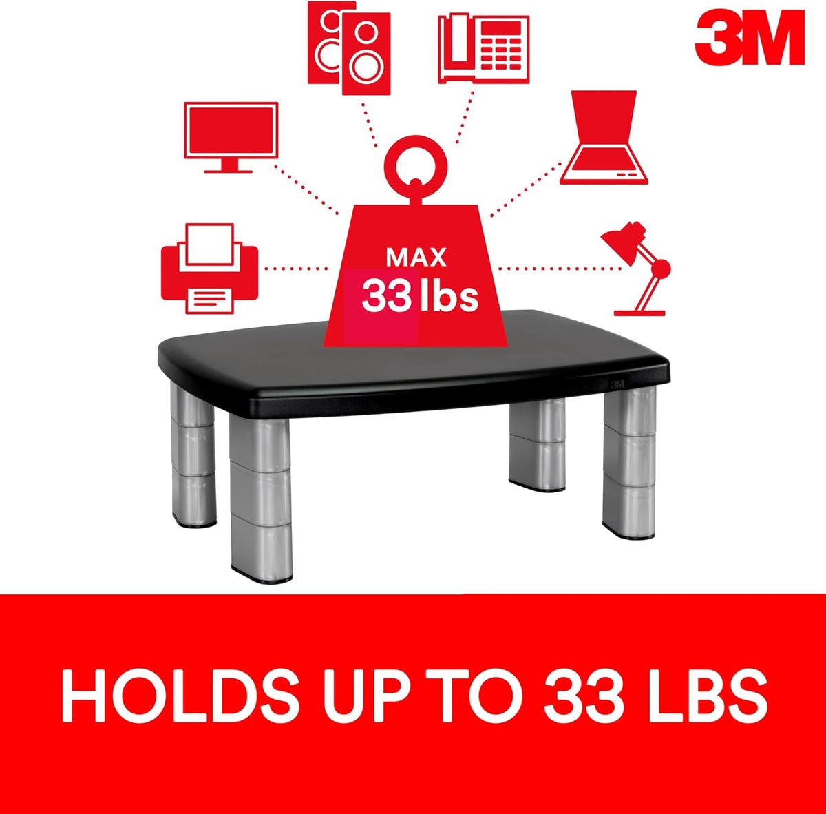 3M Monitor Computer Stand, 21.6 in x 9.4 in, 4 Port USB Hub