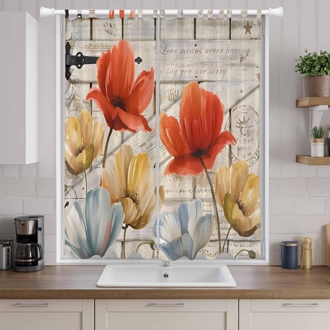 Retro Floral Living Room Curtains 84 Inch Length, Window Curtains Tab Top