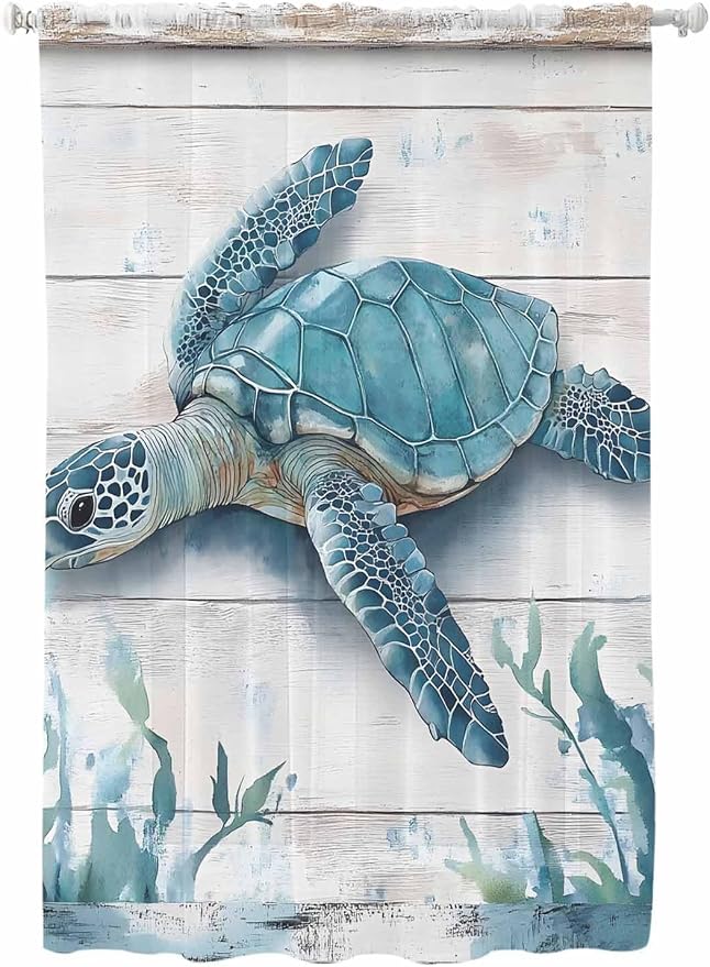 Sheer Curtains 72 Inches Long, Teal Green Sea Turtle Semi Sheer Curtains Light
