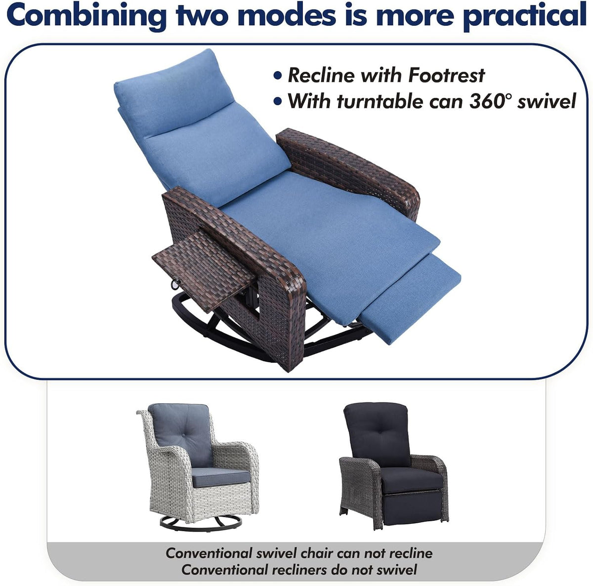 ZZW Outdoor Recliner Chair Set of 2, Wicker Patio Recliners with Adjustable Backrest and Extended Foot Rest, Reclining Patio Chairs with Flip Table & Removable Cushion Cover for Porch